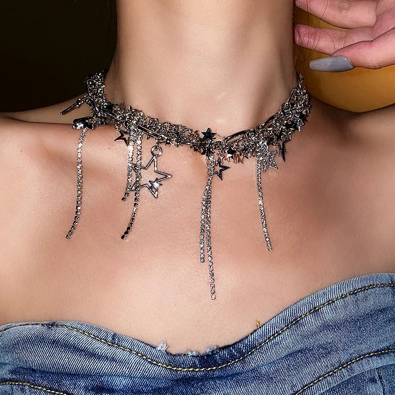 Silver Color Hollow Star Choker Necklaces For Women Long Tassel Rhinestone Imitation Pearl Chain Necklaces Statements Jewelry