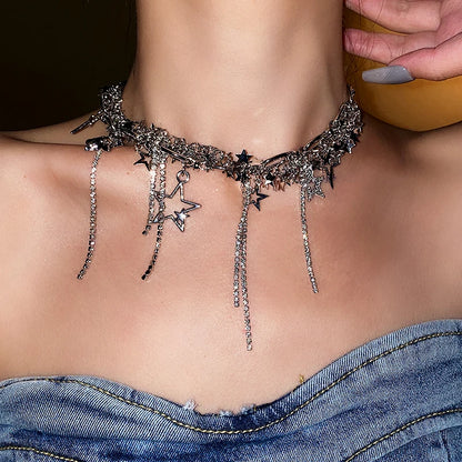 Silver Color Hollow Star Choker Necklaces For Women Long Tassel Rhinestone Imitation Pearl Chain Necklaces Statements Jewelry