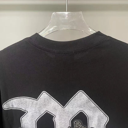 New Summer Letter Rhinestone Short Sleeve Black Mens Tshirts Streetwear Cotton Loose Round Neck Top Tees Oversized Unisex Tshirt