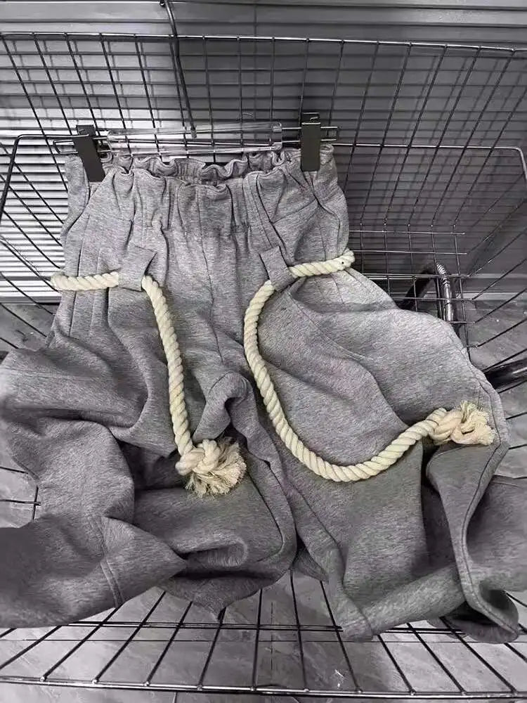 DEAT Fashion New Women's Cotton Rope Design Casual Pants 2024 Autumn Trendy Elastic High Waist Wide Leg Trousers Female 33A1851