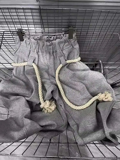 DEAT Fashion New Women's Cotton Rope Design Casual Pants 2024 Autumn Trendy Elastic High Waist Wide Leg Trousers Female 33A1851