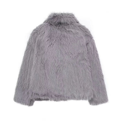 TRAFZA Female Vintage Artificial Fur Effect Coats Lapel Warm Plush Long Sleeves Hidden Buttons Autumn Winter Casual Outerwear