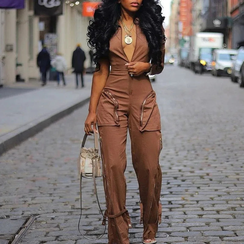 Streetwear Front Zipper Turn-down Collar Cargo Jumpsuit Women Short Sleeve Multiple Pockets One Pieces Romper Casual Overalls