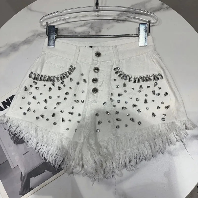 Matakawa Denim Shorts Mujer Beading Diamonds Tassels Spring Summer Women Pants Streetwear Solid Korean Fashion Pantalones Cortos