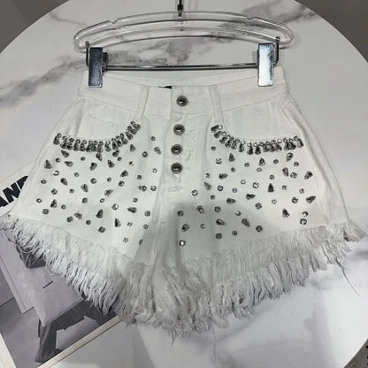 Matakawa Denim Shorts Mujer Beading Diamonds Tassels Spring Summer Women Pants Streetwear Solid Korean Fashion Pantalones Cortos