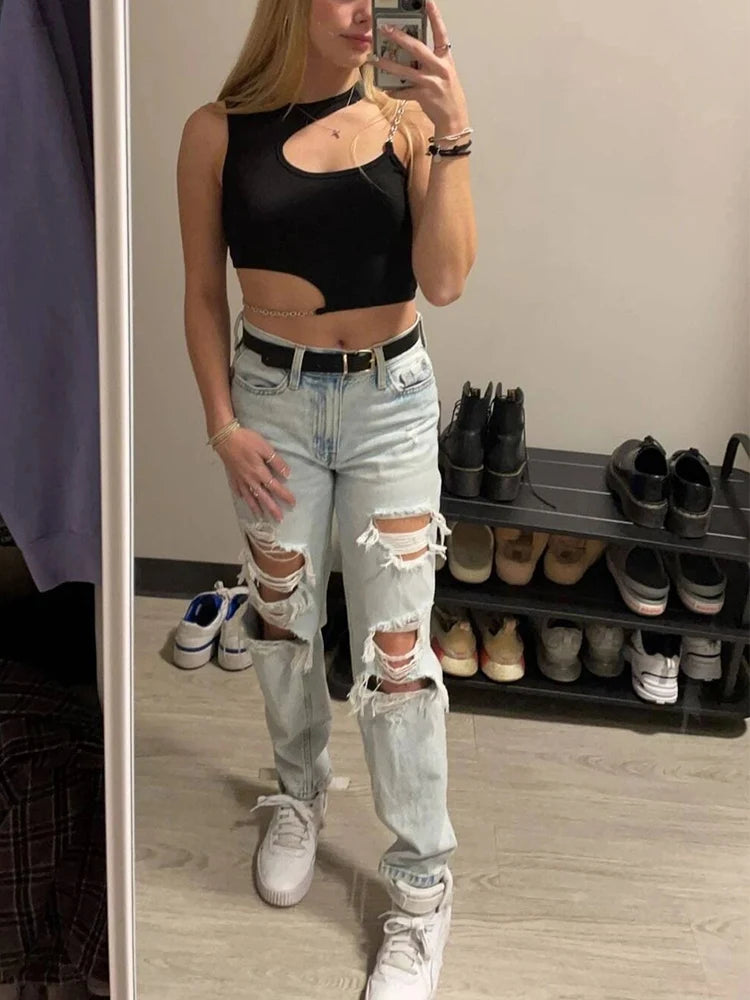 High Street Grunge Chain Cut Out Crop Top Women Summer Y2K Clothes Solid Black Asymmetrical Neck Sleeveless Tank Top Streetwear
