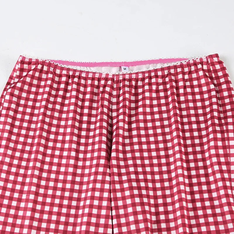 2025 New Women Red Plaid Print 2 Piece Set O-neck Full Sleeve Lace Up Cardigan Crop Tops + Knee Length Pencil Pants Casual Suit