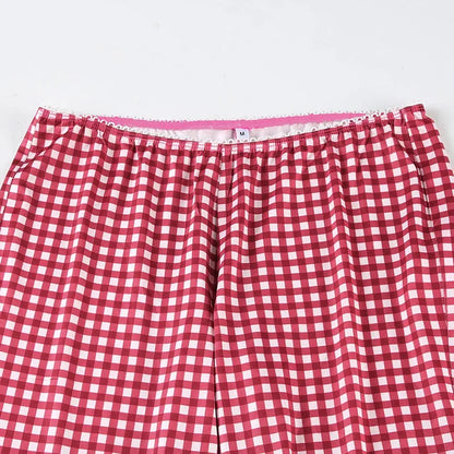 2025 New Women Red Plaid Print 2 Piece Set O-neck Full Sleeve Lace Up Cardigan Crop Tops + Knee Length Pencil Pants Casual Suit