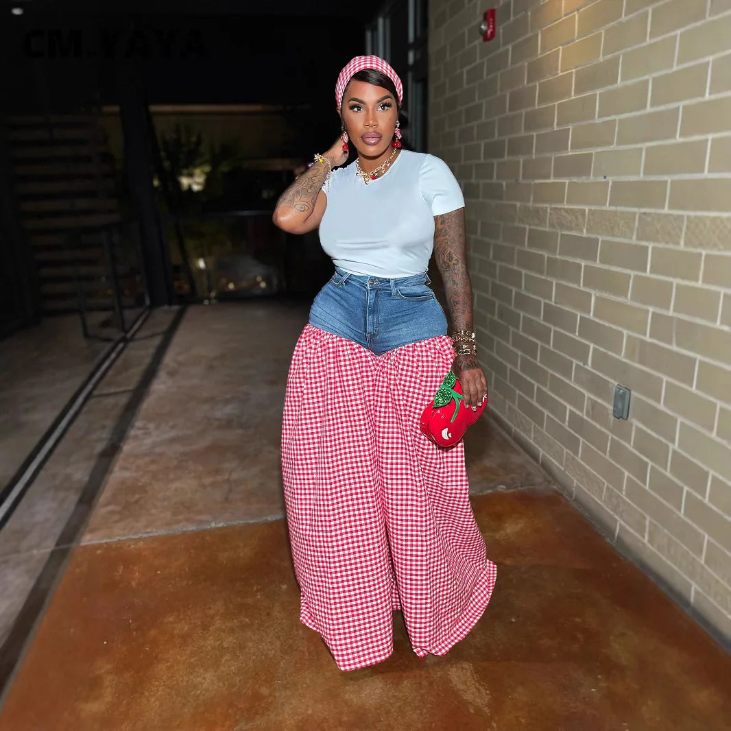 CM.YAYA Fashion Women Plaid Denim Patchwork Loose Wide Leg Jogger Pants 2025 Streetwear Active Hip Hop Sweatpants Trousers