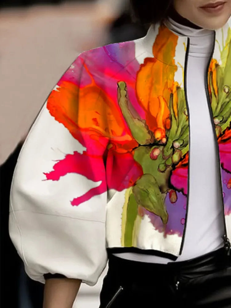 UOOZEE 2024 New Spring Women Stand Collar Jackets Fashion Elegant Floral Printed Puff Sleeves Loose Fit Casual Outerwears