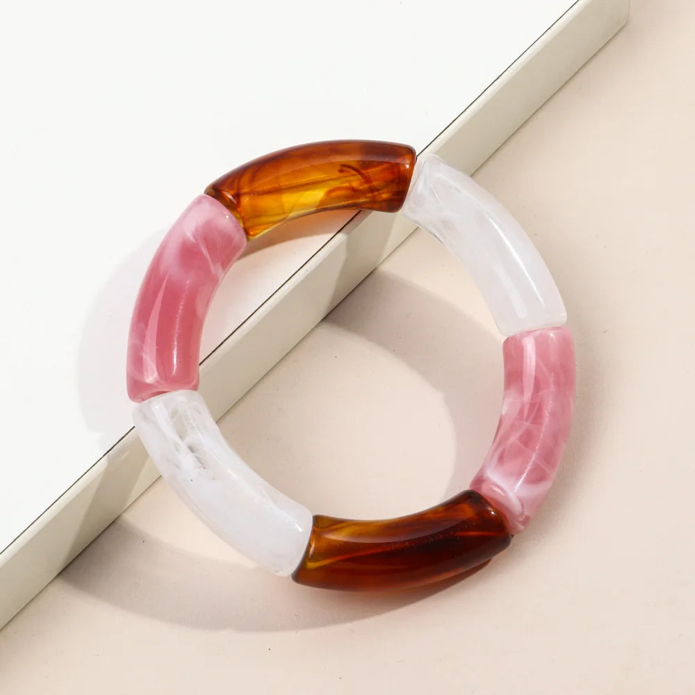 FishSheep Trendy Acrylic Stacked Bamboo Beads Bangles Bracelets for Women Bohemian Resin Elastic Beaded Bracelets Set Jewelry