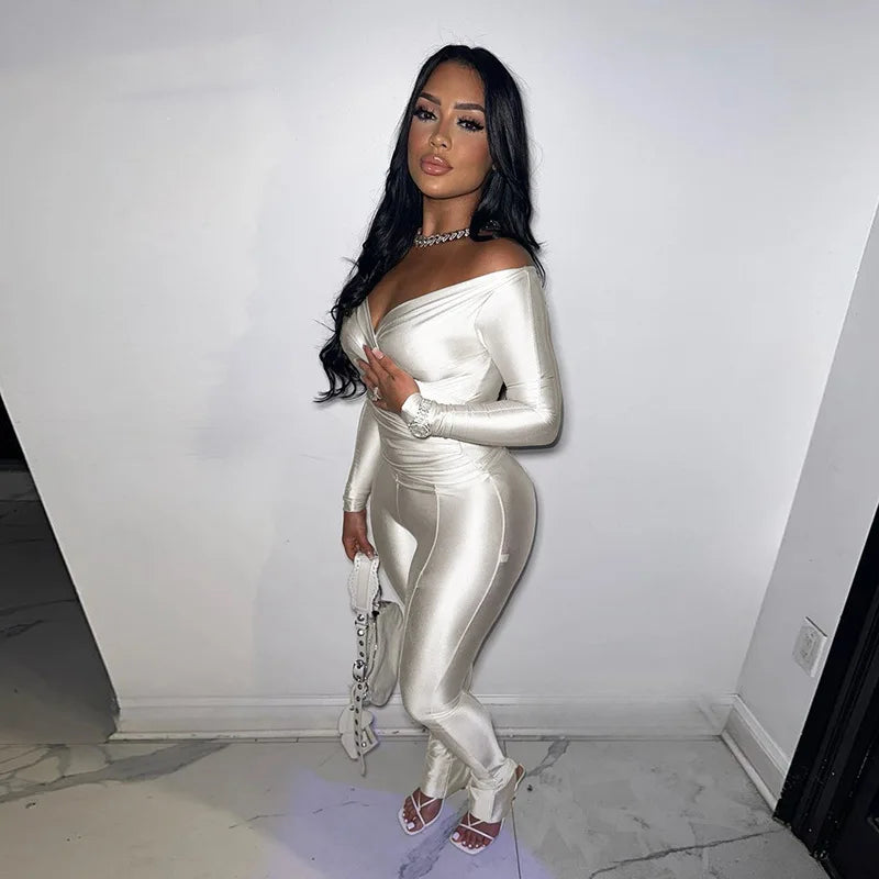 Simenual Casual Skinny Women Two Piece Set Sexy Deep V Crop Tops High Waist Pants Cyber Y2K Outfits Slim Co Ord Suits Streetwear