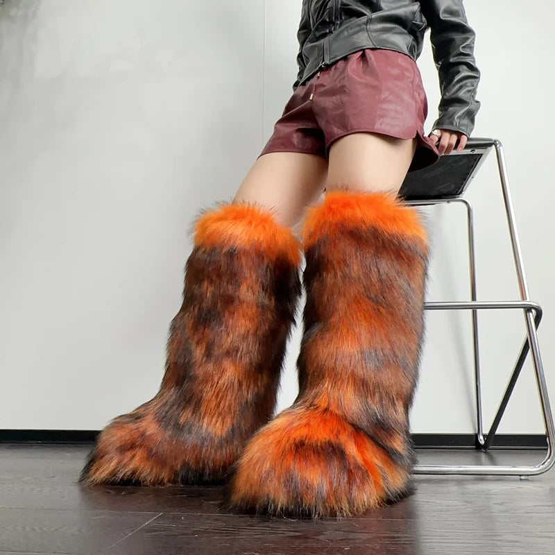 Womens Knee High Fuzzy Faux Fur Boots - Soft, Warm, and Comfortable Slip-on Design with Flat Heel, Round Toe