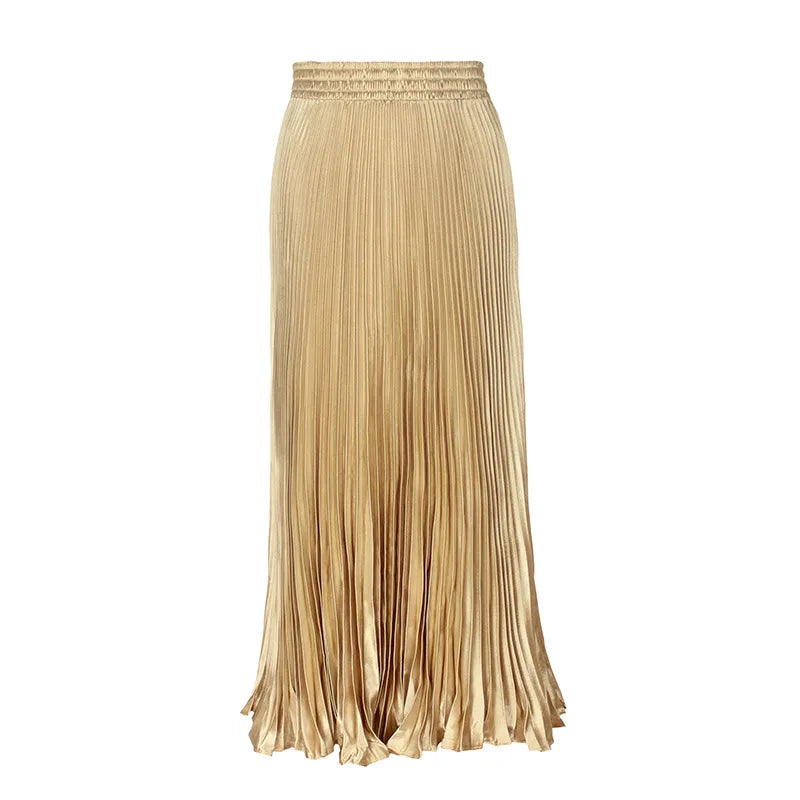 Women's Fashion Pleated Mermaid Long Skirt Korean Style Casual High Waist Satin Flowy Skirts Shiny 19 Colors 2024 Spring SK500
