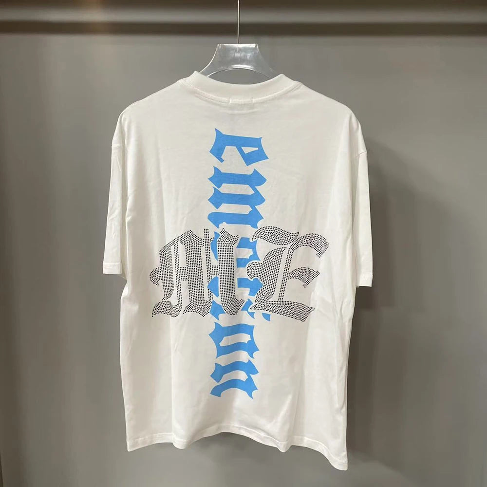 New Summer Letter Rhinestone Short Sleeve Black Mens Tshirts Streetwear Cotton Loose Round Neck Top Tees Oversized Unisex Tshirt