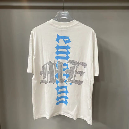 New Summer Letter Rhinestone Short Sleeve Black Mens Tshirts Streetwear Cotton Loose Round Neck Top Tees Oversized Unisex Tshirt