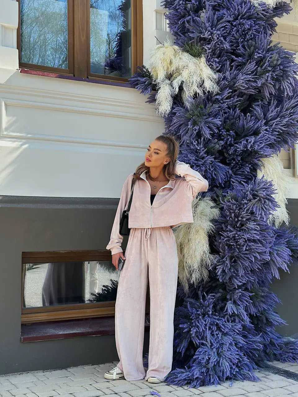 Autumn And Winter Long-sleeved Zipper Lapel Jacket Elastic Waist Wideleg Trousers Velvet Casual Two-Piece Suit For Office Ladies