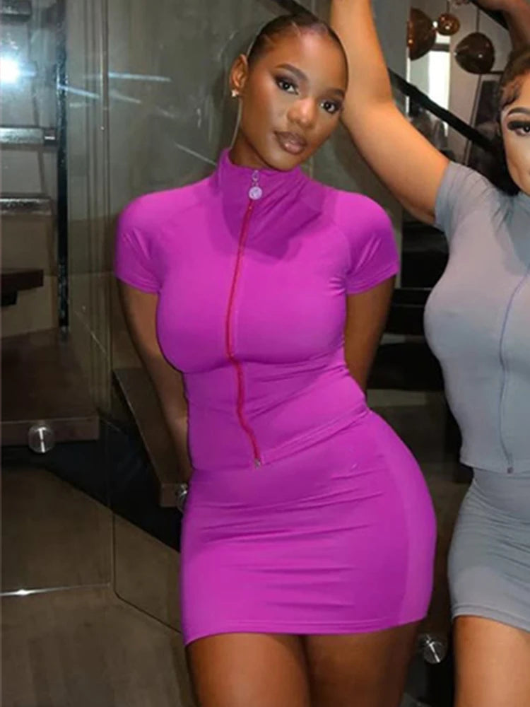 Weird Puss Casual Sporty 2 Piece Set Women Zip Cardigan Turtleneck Short Sleeve Tops+Skinny Mini Skirts Summer Trend Tracksuits
