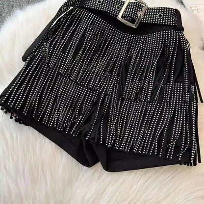 XFPV American Style Women's Shorts Summer Belt Gathered Waist Zipper Spliced Beading Tassel Shorts Female New Fashion 22D1803