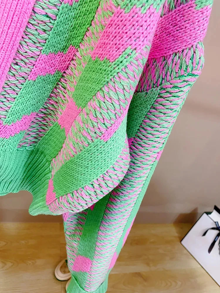 Women Color Block Green Crop Cardigan High Street Long Sleeve Knit Top Sweater Autumn Winter Korean Dongdaemun Fashion Trends