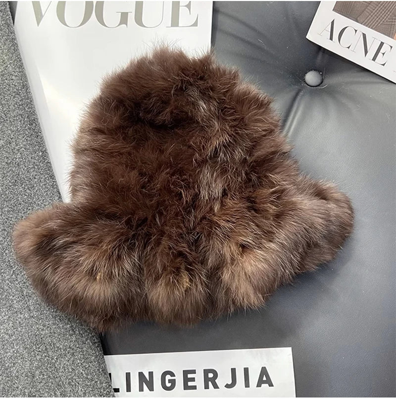 New Real Rabbit Fur Fisherman's Hat For Women Winter Warm Rabbit Fur Caps Soft Natural Rabbit Fur Hats Female Fashion Fur Cap