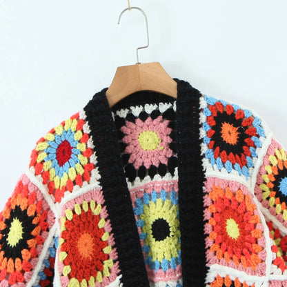 BOHO Geometric Plaid Hand Made Crochet Cardigan Woman V neck Long sleeve Sweater Open Stitching Knitwear Jumper Holiday
