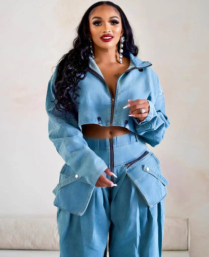 Denim Two Piece Sets Women Pant Set Y2k Streetwear Coats Jeans Elegant Matching Sets Coat Top Long Pants Jackets Streetwear