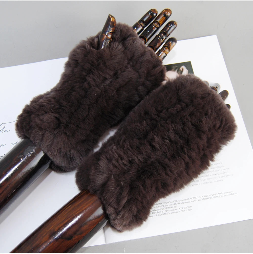 New Arrival Women Knit Fur Mitten Girls 100% Real Genuine Knitted Rex Rabbit Fur Mittens Winter Warm Real Fur Fingerless Gloves