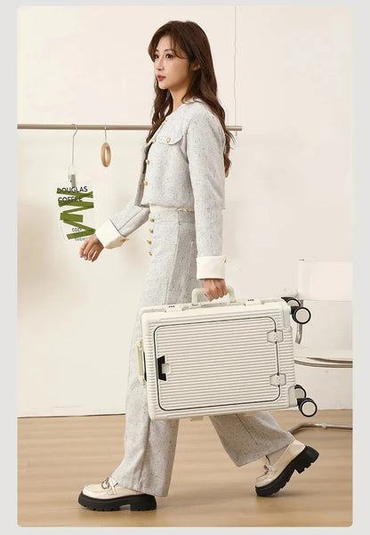 Suitcase Front Opening Pocket Aluminum Alloy Frame Rolling Luggage with USB Charging Plug Trolley Carry-on Case Bag with Wheel