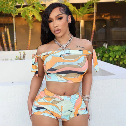 Joskaa Colorful Print Beach Style 2 Piece Sets Women Swimsuit Sexy Tube Tops and Shorts Matching 2025 Summer Bathing Suit