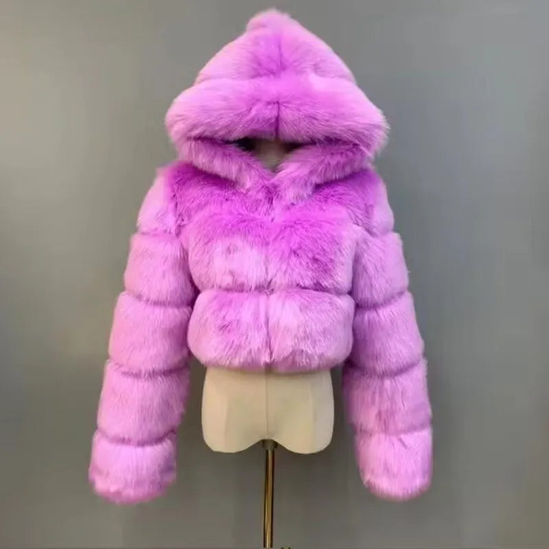 S-6XL Women Coat Autumn Winter Short Hooded Faux Fox Fur Coat Thick Warm Outerwear Fake Fur Woman Jackets Ladies Furry Coats
