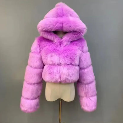 S-6XL Women Coat Autumn Winter Short Hooded Faux Fox Fur Coat Thick Warm Outerwear Fake Fur Woman Jackets Ladies Furry Coats