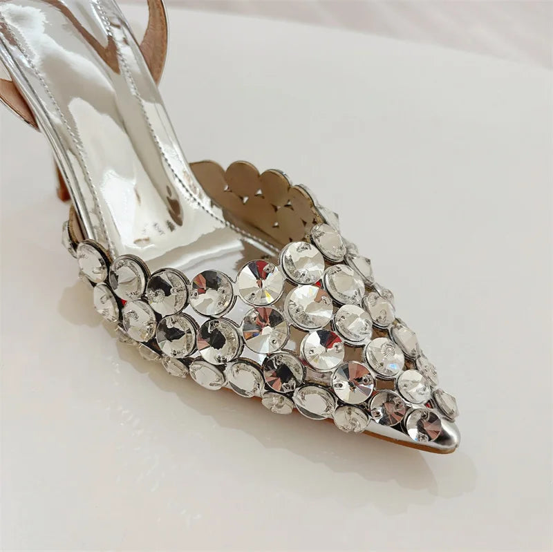 Liyke Elegant Pointed Toe Slingback Stiletto Sandals Crystal Diamonds Women Pumps High Heels Wedding Prom Shoes Zapatos Mujer
