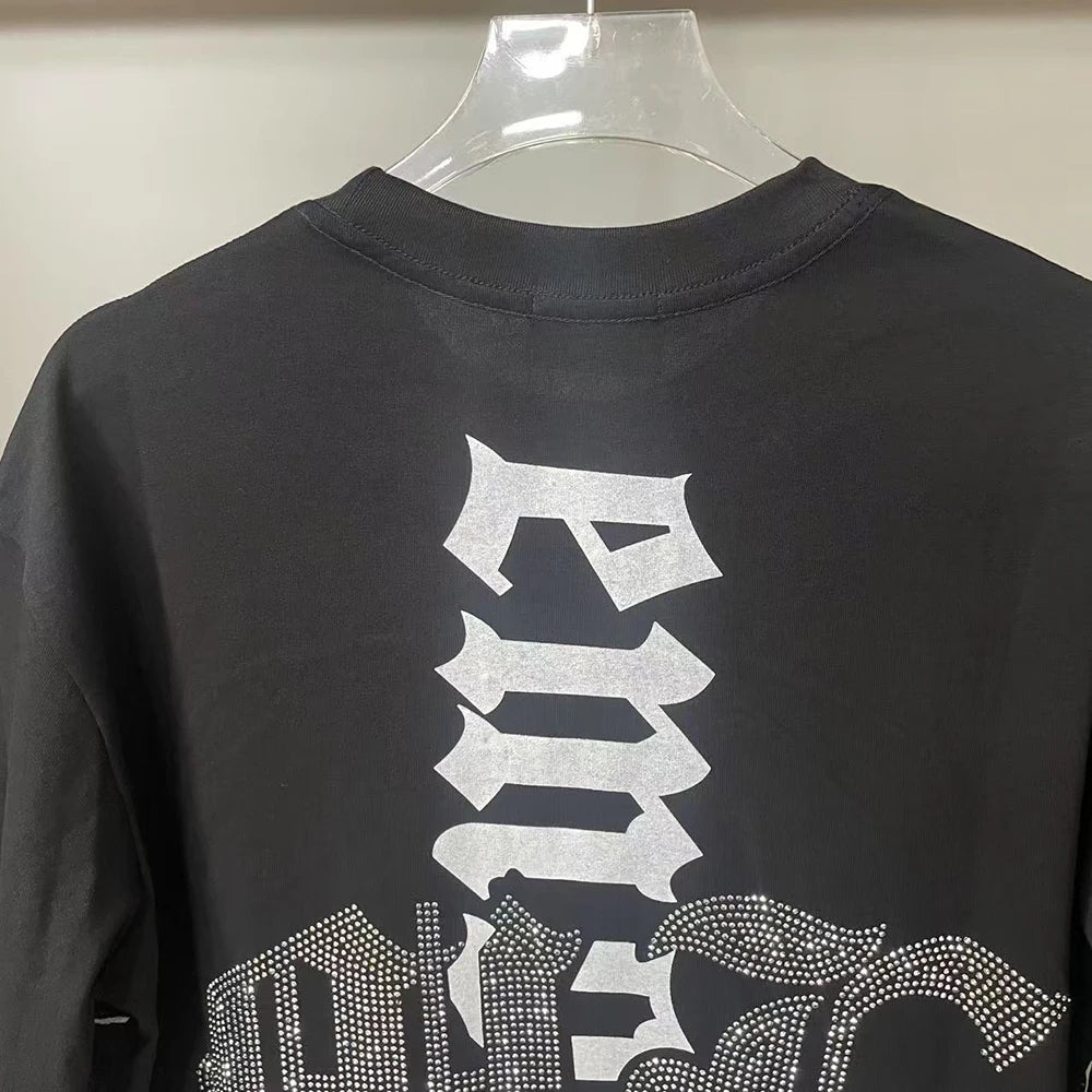 New Summer Letter Rhinestone Short Sleeve Black Mens Tshirts Streetwear Cotton Loose Round Neck Top Tees Oversized Unisex Tshirt