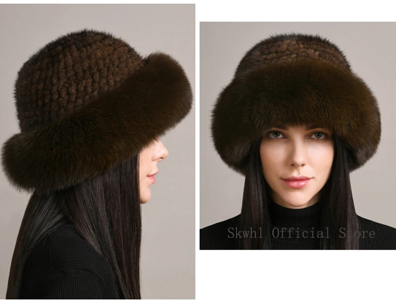 New Genuine Real Natural Knitted Mink Fur Hat Cap Luxury Women Handmade Knit Fashion Winter Headwear Warm Real Fox Fur Beanies