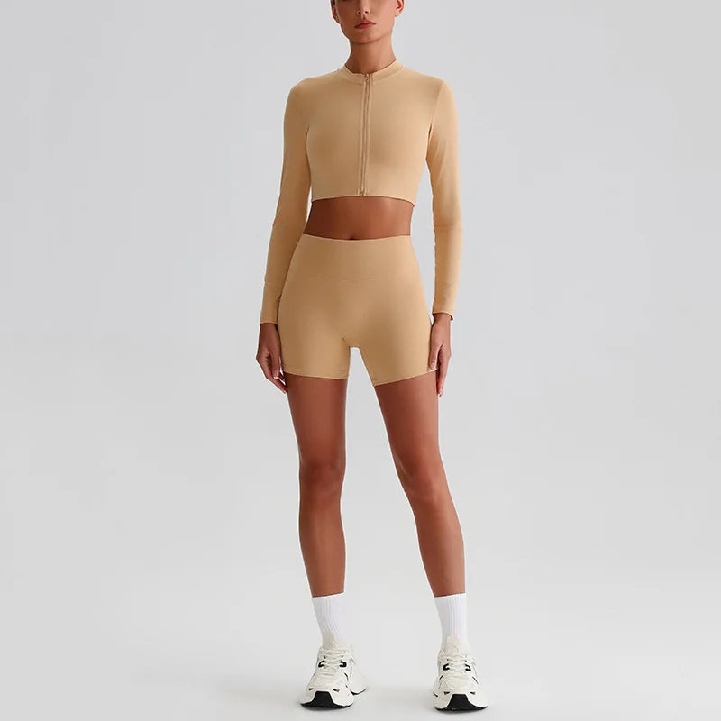Customized LOGO Women's Skin-friendly Sports Yoga Clothing Slim Elastic Jacket Fitness Shorts Long Sleeve Two-piece Set