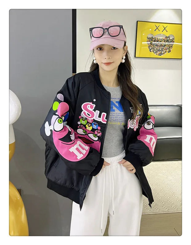 Cross-border Cartoon Embroidery Baseball Jacket For Men Women Casual Loose Fit Hip Hop Top Spring Autumn Letter Couple Jacket