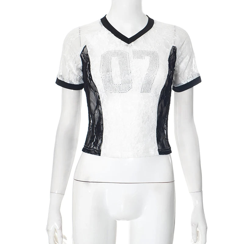 CUTENOVA 2025 Spring And Summer New Letters V Neck Rhinestone American Lace Color Collision Patchwork Top T-Shirt Streetwear