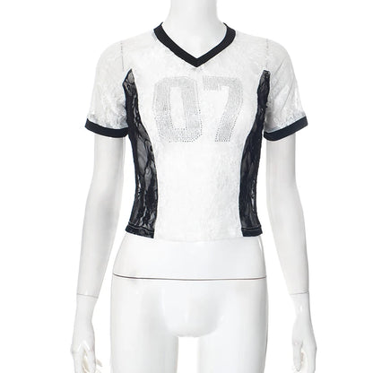 CUTENOVA 2025 Spring And Summer New Letters V Neck Rhinestone American Lace Color Collision Patchwork Top T-Shirt Streetwear