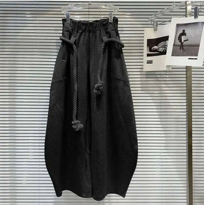 DEAT Fashion New Women's Cotton Rope Design Casual Pants 2024 Autumn Trendy Elastic High Waist Wide Leg Trousers Female 33A1851