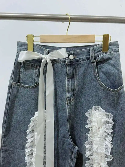DEAT Women's Fashion Retro Lace Patchwork Denim Long Pants High Waist Wide Leg Jeans Female 2024 Arrival Winter New 11A02128