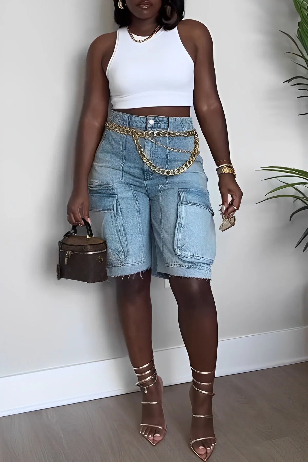 CM.YAYA Women Fashion Pocket Side Straight Knee Length Cargo Jeans 2025 Summer Party Street Short Pants