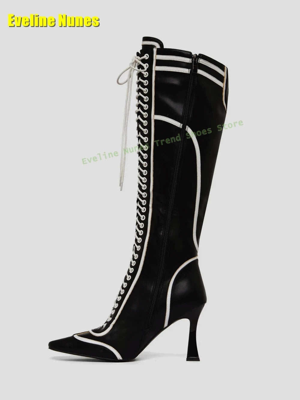 Cross Tied Patchwork Fashion Boots Pointed Toe Thin Heels Lace Up Black and White Spicy Girl Knee High Boots 2025 Street Style