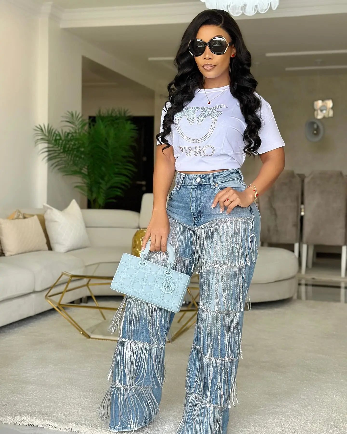 CM.YAYA Women Sequins Tassel Wide Leg Blue Denim Pants 2025 Summer Streetwear Party Vintage High Waist Jeans Trousers