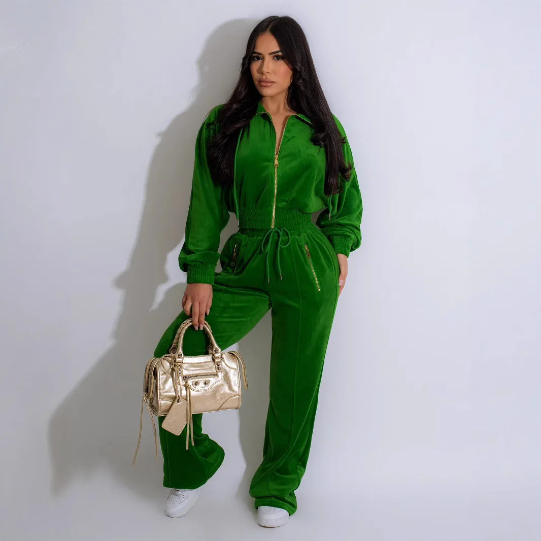 Pants Set Women Two Piece Sets Matching Sets Y2k Streetwear Zipper Coats Long Pants Elastic Waist Sportswear Tracksuit Jogger