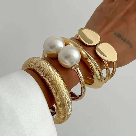 Ingemark 8 Styles Vintage Creative Gold Color Geometric Bangles Women Men Large Imitation Pearl Wide Cuff Bangles Jewelry Gift