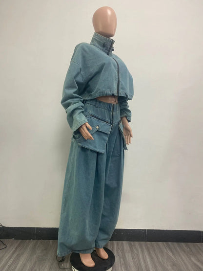 Denim Two Piece Sets Women Pant Set Y2k Streetwear Coats Jeans Elegant Matching Sets Coat Top Long Pants Jackets Streetwear