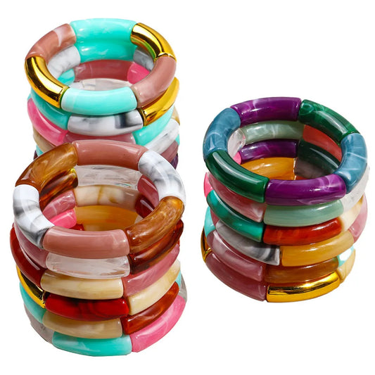 FishSheep Trendy Acrylic Stacked Bamboo Beads Bangles Bracelets for Women Bohemian Resin Elastic Beaded Bracelets Set Jewelry
