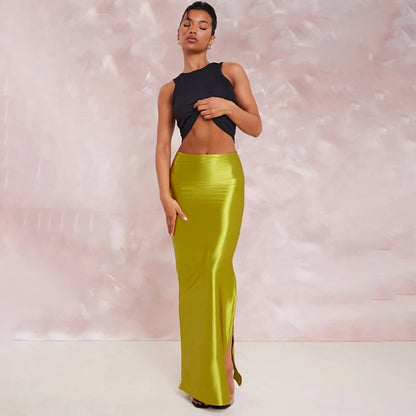 CUTENOVA Stain Long Solid Color Skirt Elegant High Waist Side Split Maxi Skirts Party Sexy Clothes for Women Autumn 2024