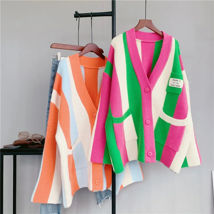 Joskaa Striped Patchwork Knitted Cardigan Women V-Neck Long Sleeve Single Breasted Sweater Coat Autumn 2023 Outwear Streetwear